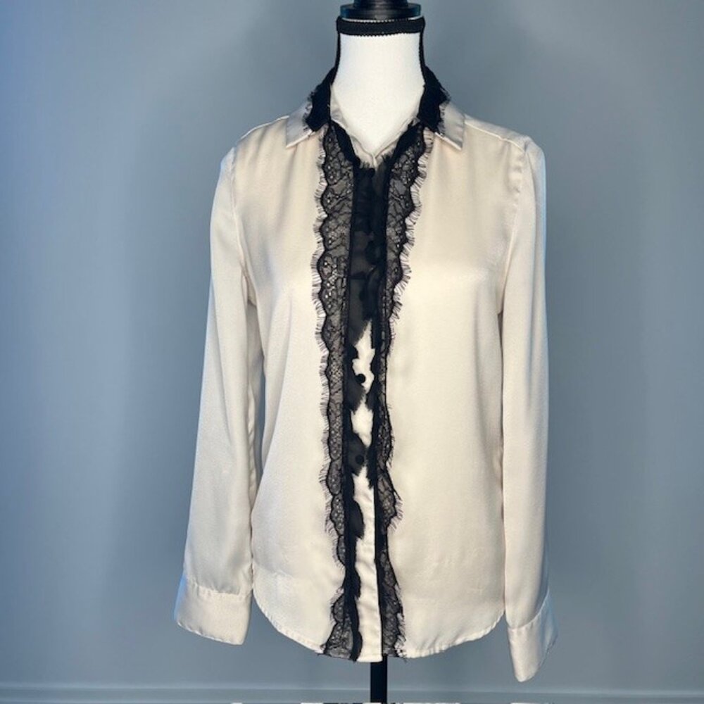 Guess Women's Tan Button Down Blouse with Black Lace Accent, Size XS